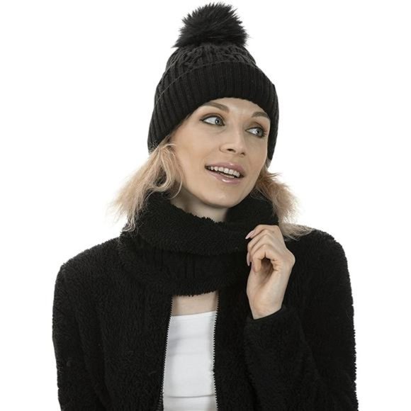 DASMINI Women/Girls Thick Warm Winter Hat & Infinity Scarf Set with Faux Fur Pom main image 5
